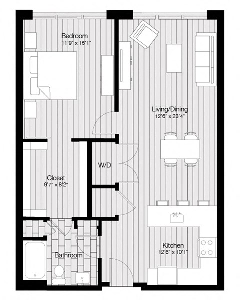 Floor plan for 1 bed, 1 bath, 877 sqft